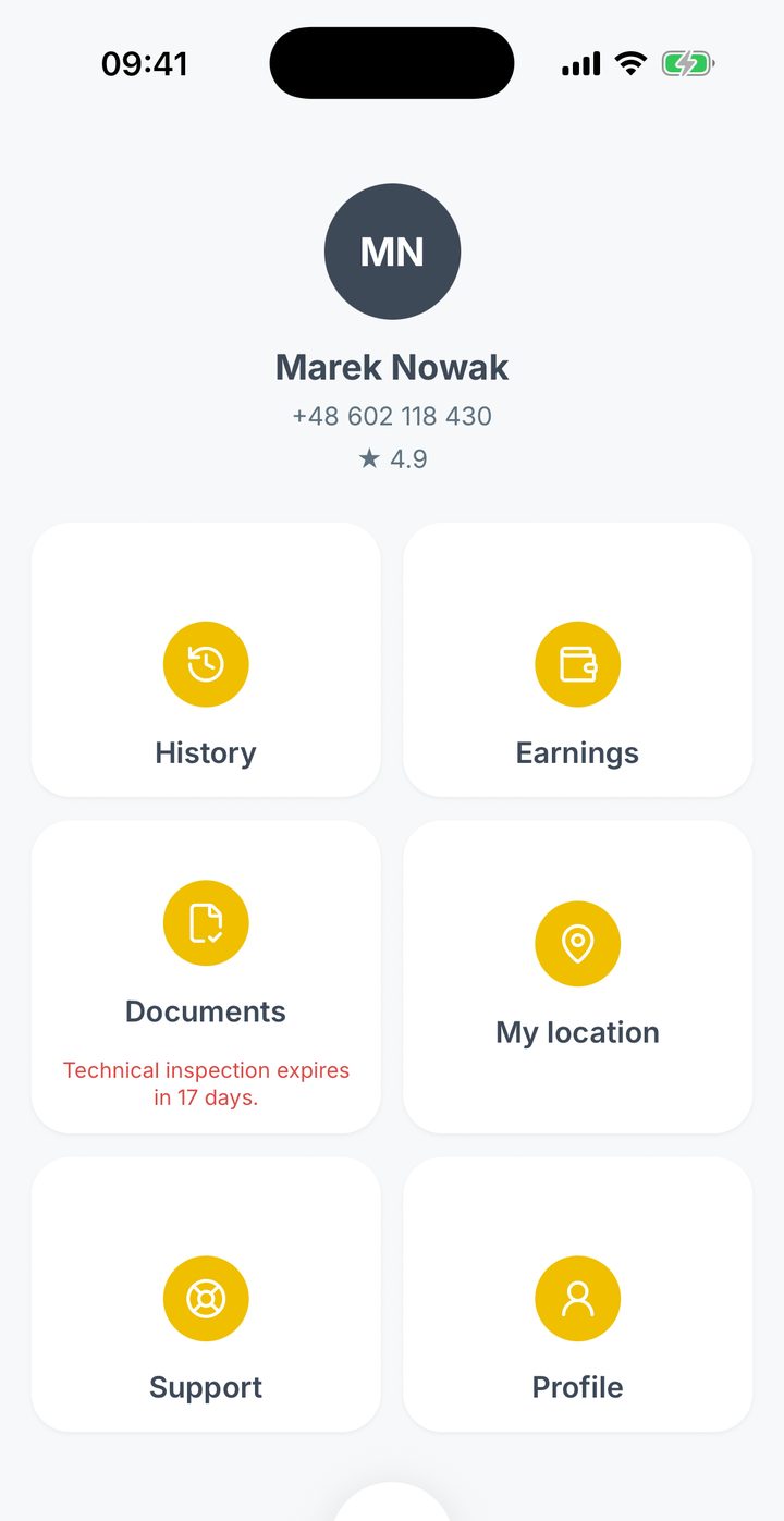 Driver menu with history, earnings, documents, location, support and profile.